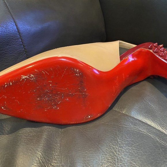 Louboutin Tan Nude Spike Red Heel & Red Bottom Slingbacks 39 Worn Once - Picture 6 of 11